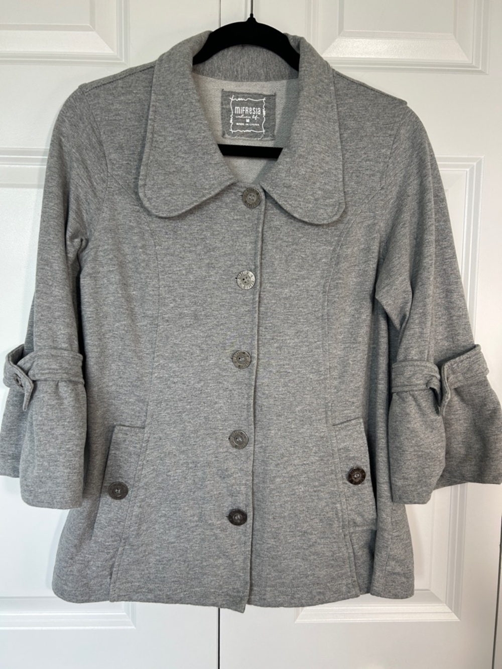 Gray Button-Front Pea Coat with Rolled Tab Sleeves